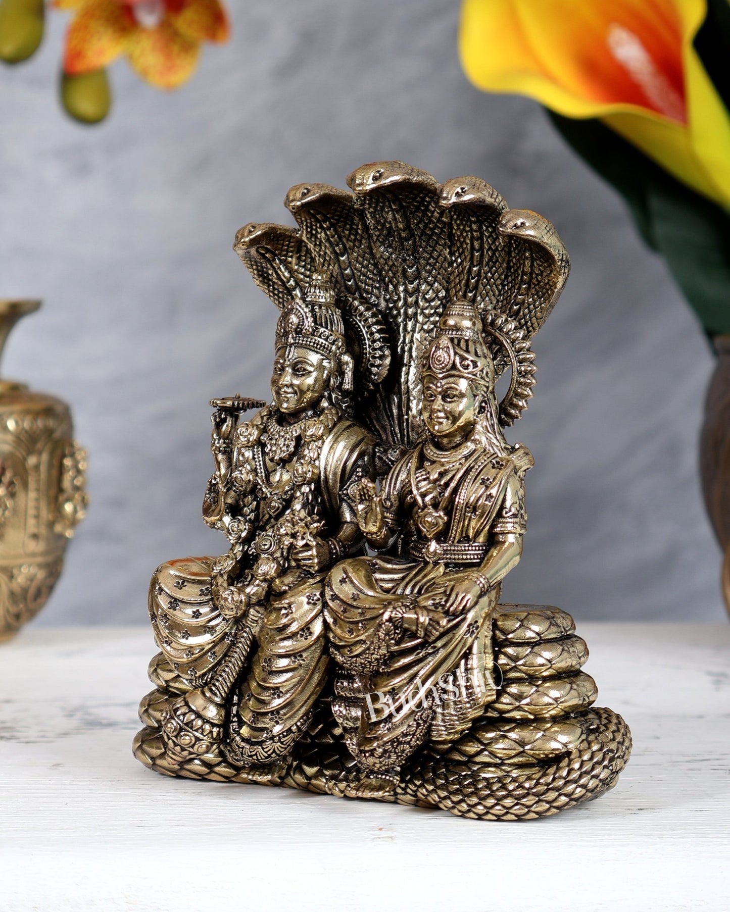 Pure Brass Superfine Vishnu Lakshmi under Sheshanaag 5.5 inch - Budhshiv.com