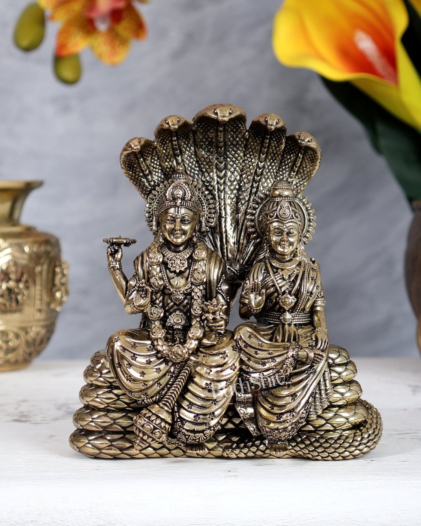 Pure Brass Superfine Vishnu Lakshmi under Sheshanaag 5.5 inch - Budhshiv.com
