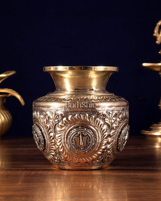 Pure Brass Superfine Vishnu Shankh Chakra Namah Kalash 4.5 inch - Budhshiv.com