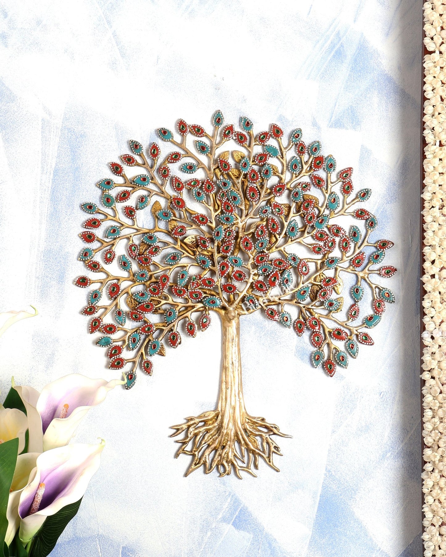 Pure Brass Superfine Wall Hanging Kalpavriksha Bodhi Tree with Roots & Meenakari Stonework 20 inch - Budhshiv.com