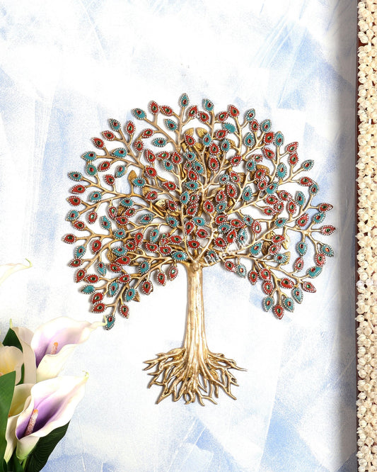 Pure Brass Superfine Wall Hanging Kalpavriksha Bodhi Tree with Roots & Meenakari Stonework 20 inch - Budhshiv.com