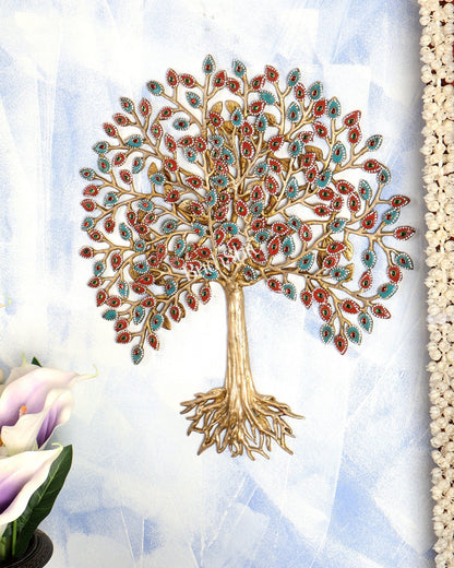 Pure Brass Superfine Wall Hanging Kalpavriksha Bodhi Tree with Roots & Meenakari Stonework 20 inch - Budhshiv.com