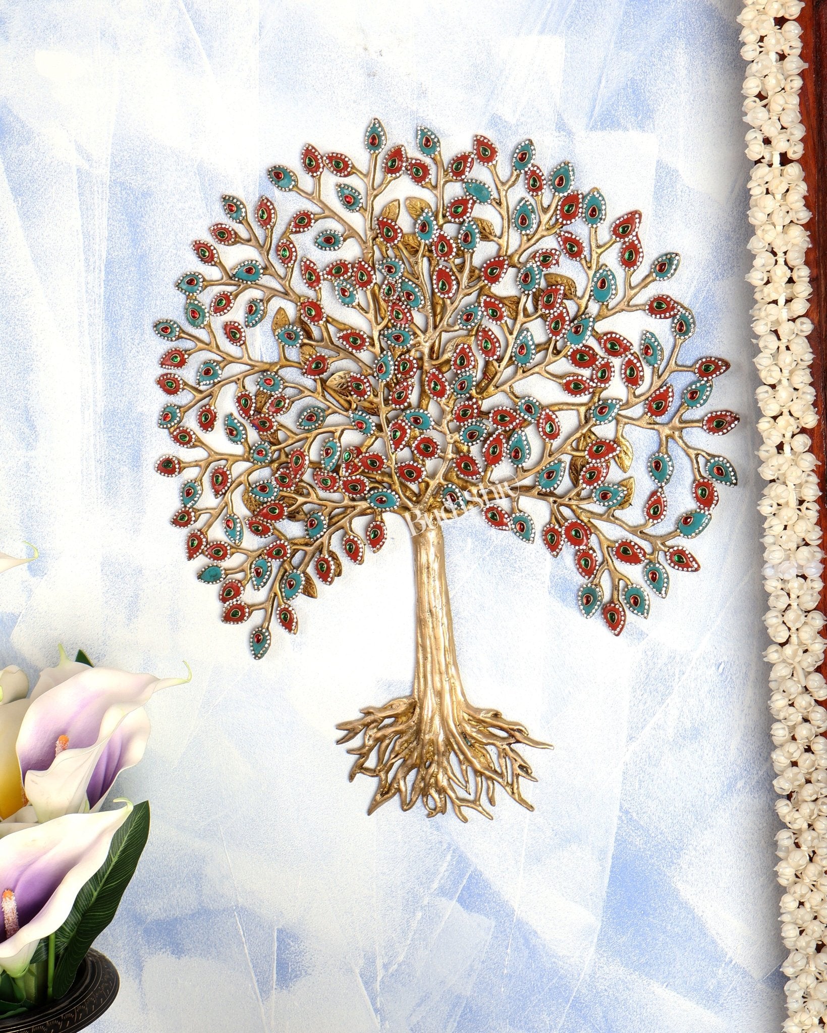 Pure Brass Superfine Wall Hanging Kalpavriksha Bodhi Tree with Roots & Meenakari Stonework 20 inch - Budhshiv.com