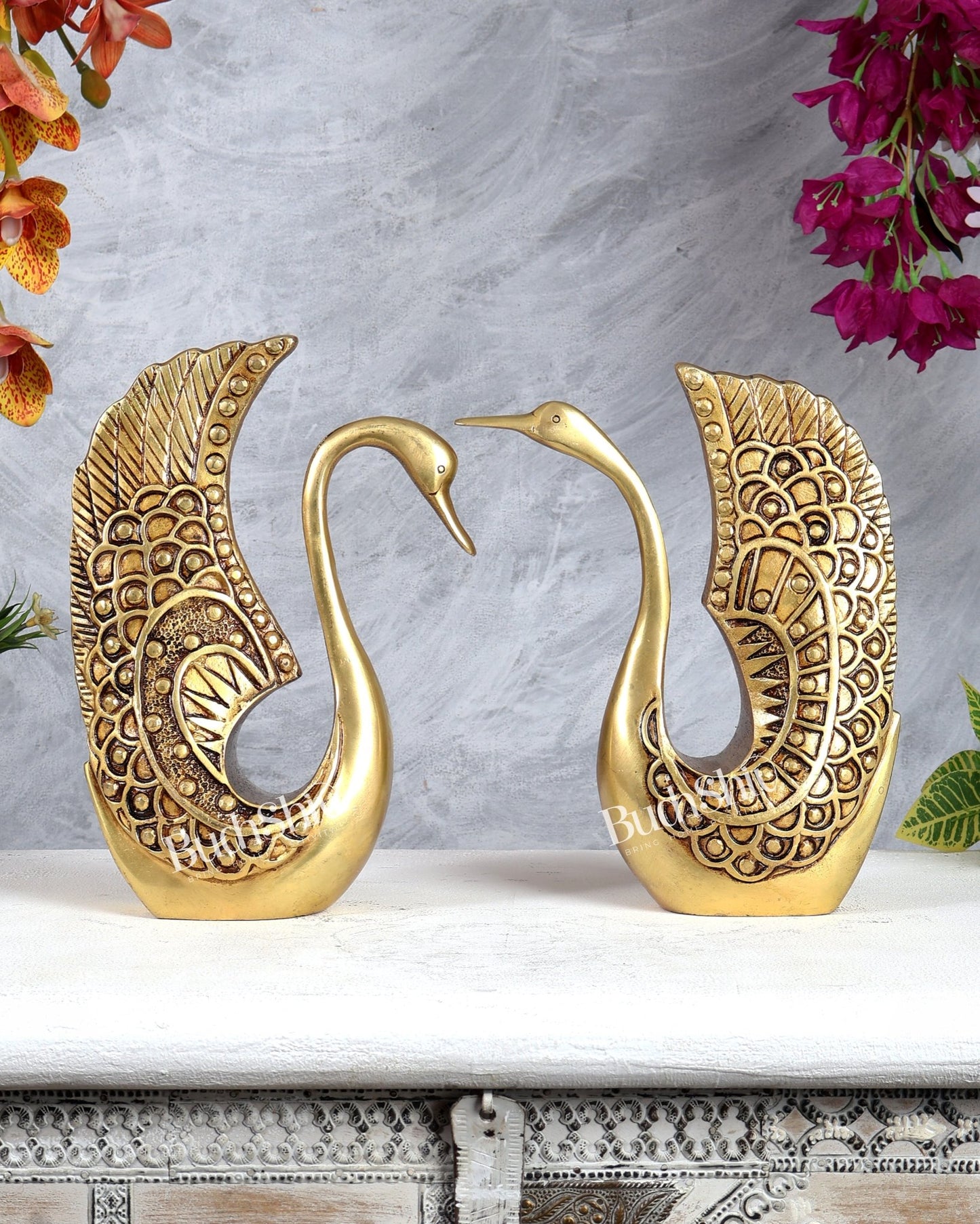 Pure Brass Swan Pair Decorative Showpiece Set – Vastu Approved Elegance 9 inch - Budhshiv.com