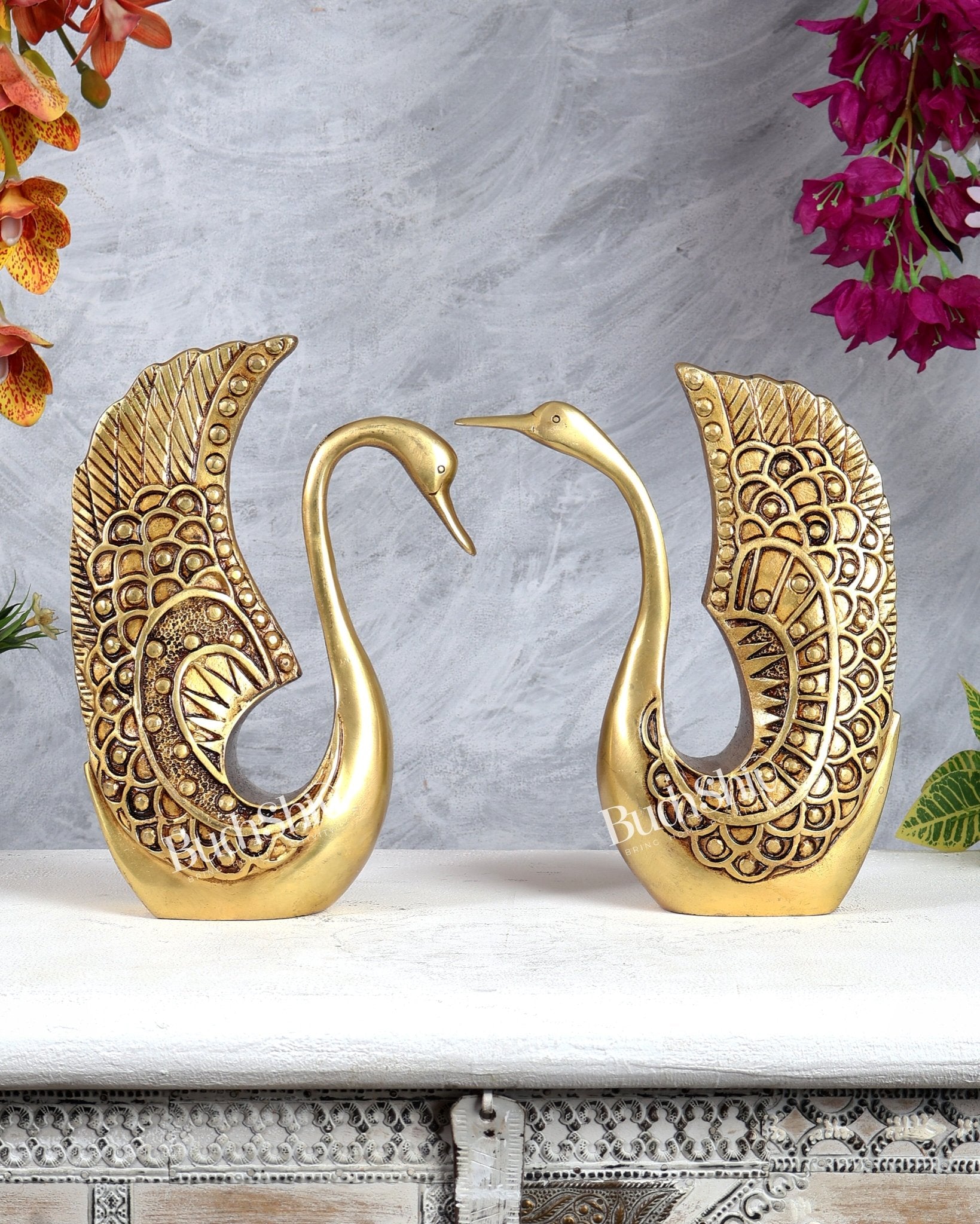 Pure Brass Swan Pair Decorative Showpiece Set – Vastu Approved Elegance 9 inch - Budhshiv.com