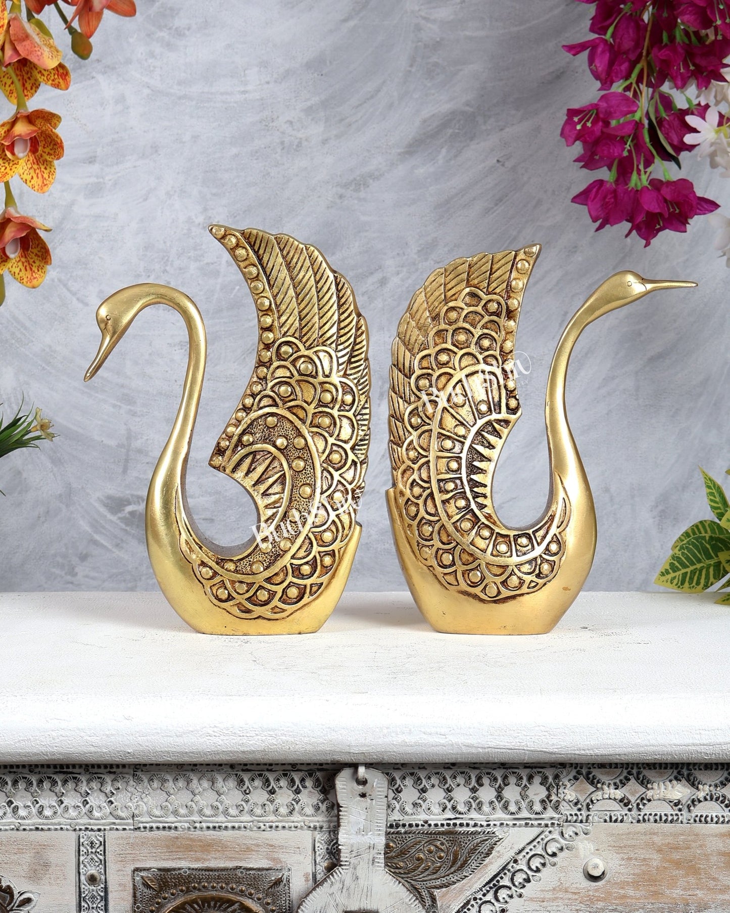 Pure Brass Swan Pair Decorative Showpiece Set – Vastu Approved Elegance 9 inch - Budhshiv.com