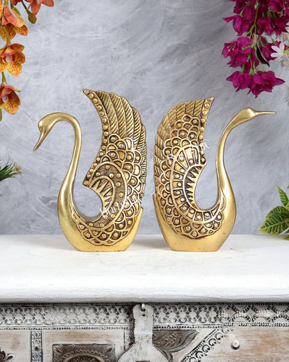 Pure Brass Swan Pair Decorative Showpiece Set – Vastu Approved Elegance 9 inch - Budhshiv.com