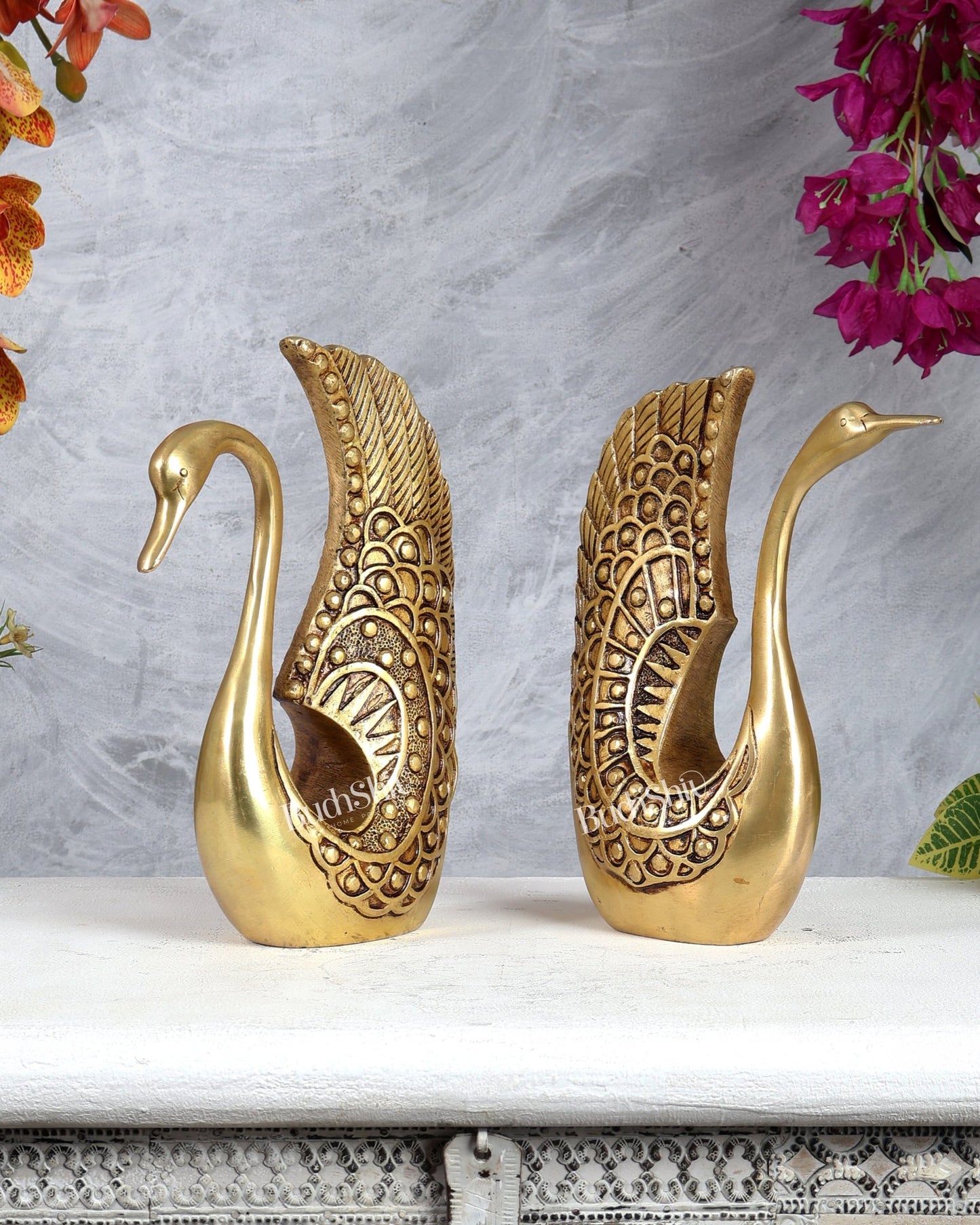 Pure Brass Swan Pair Decorative Showpiece Set – Vastu Approved Elegance 9 inch - Budhshiv.com
