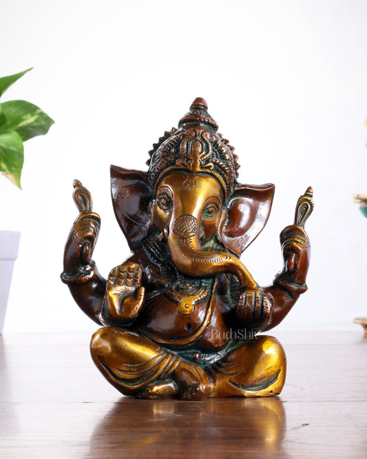 Pure brass Taj Ganesha Brass Statue with Vintage tone 6" - Budhshiv.com
