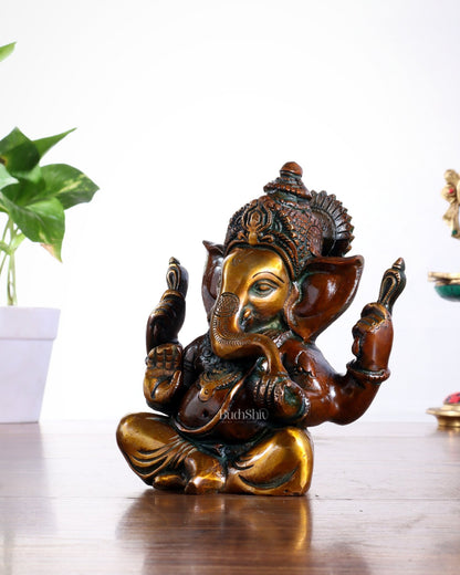 Pure brass Taj Ganesha Brass Statue with Vintage tone 6" - Budhshiv.com