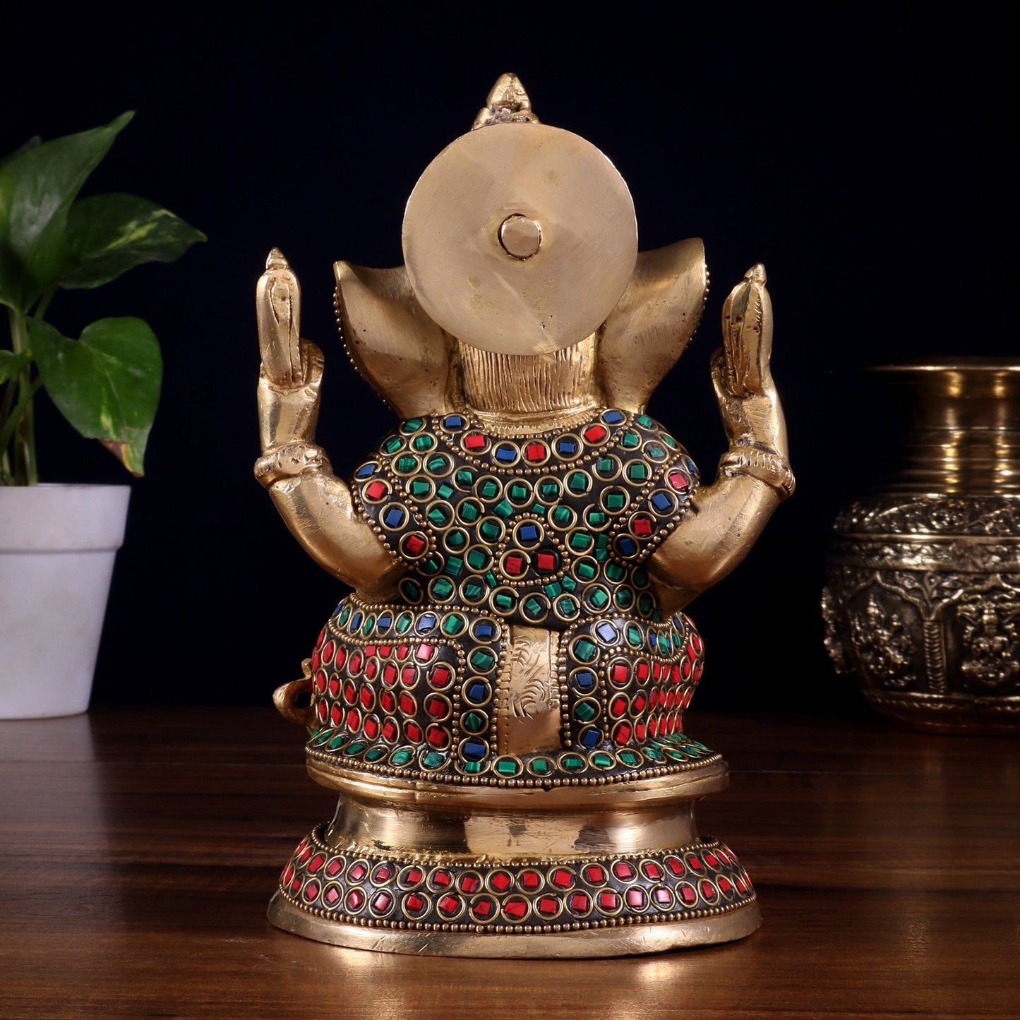 Pure Brass Taj Ganesha Statue with Round Base 7" with stonework - Budhshiv.com
