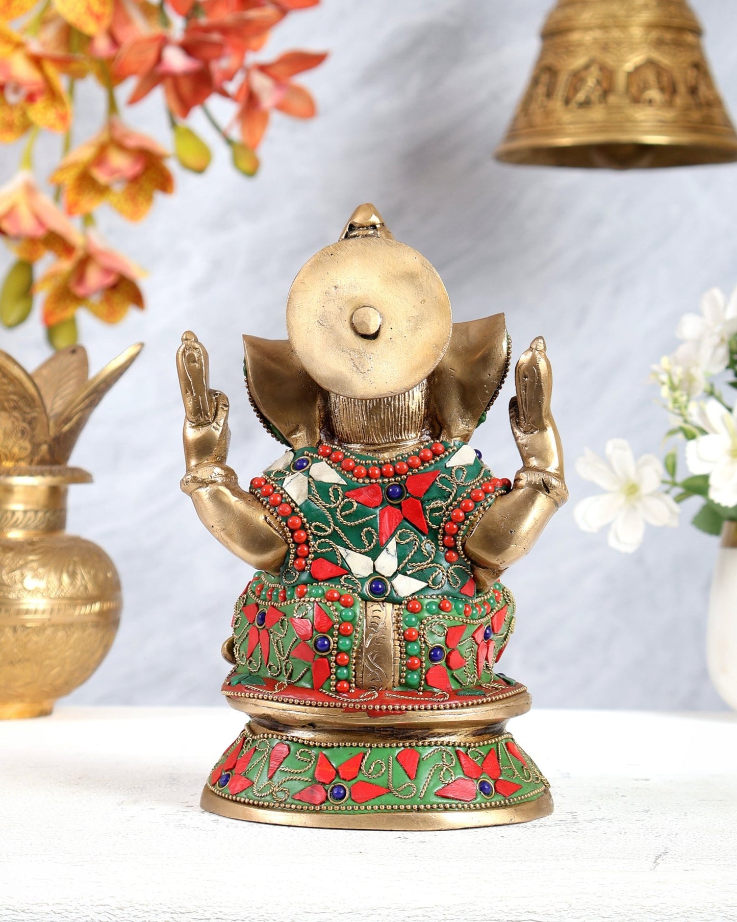 Pure Brass Taj Ganesha Statue with Round Base 7" with stonework - Budhshiv.com
