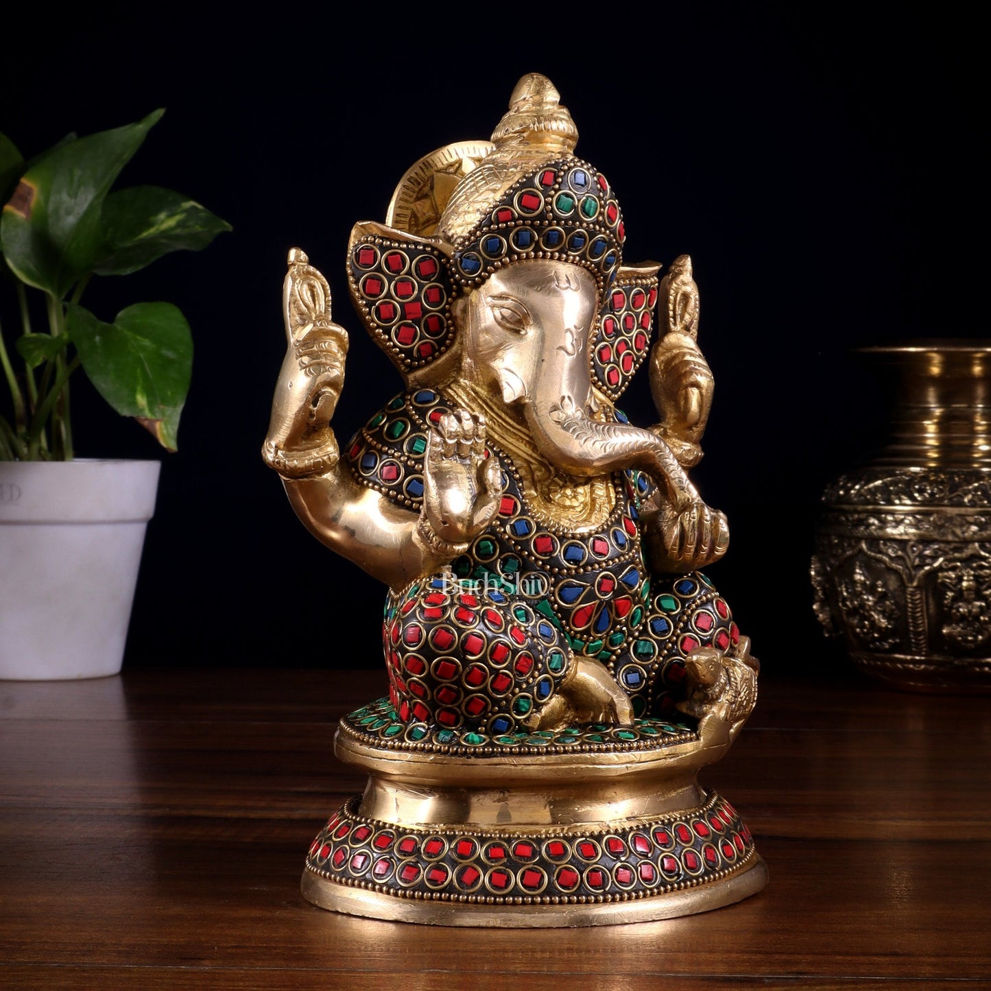Pure Brass Taj Ganesha Statue with Round Base 7" with stonework - Budhshiv.com