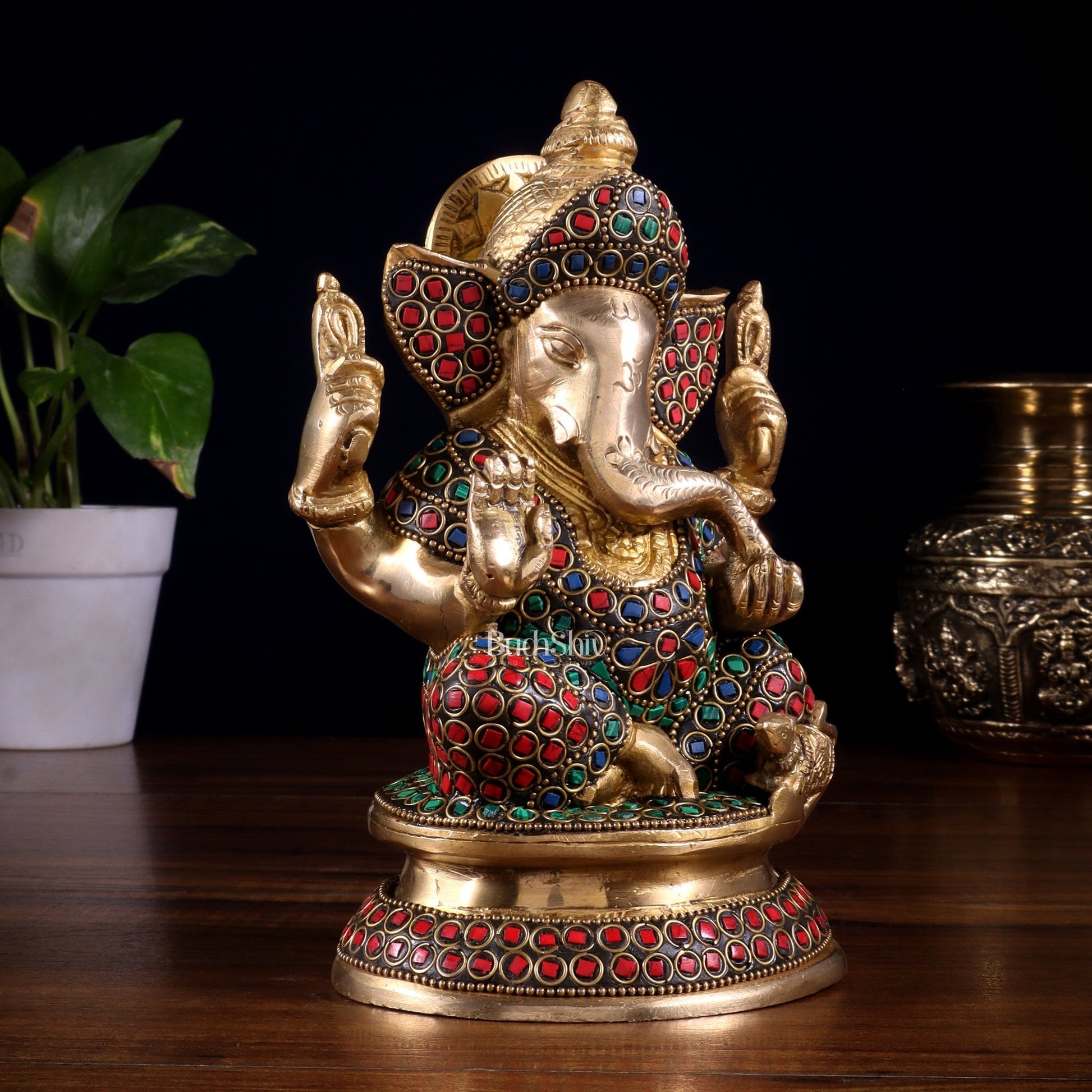 Pure Brass Taj Ganesha Statue with Round Base 7" with stonework - Budhshiv.com