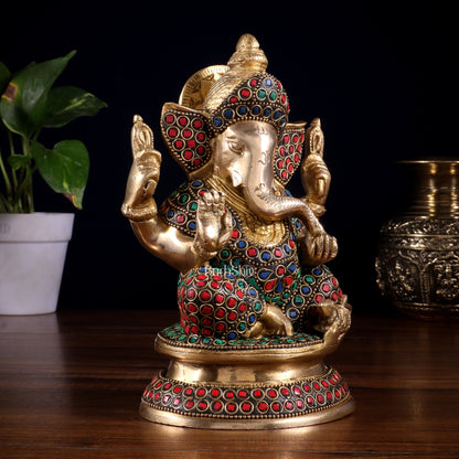 Pure Brass Taj Ganesha Statue with Round Base 7" with stonework - Budhshiv.com