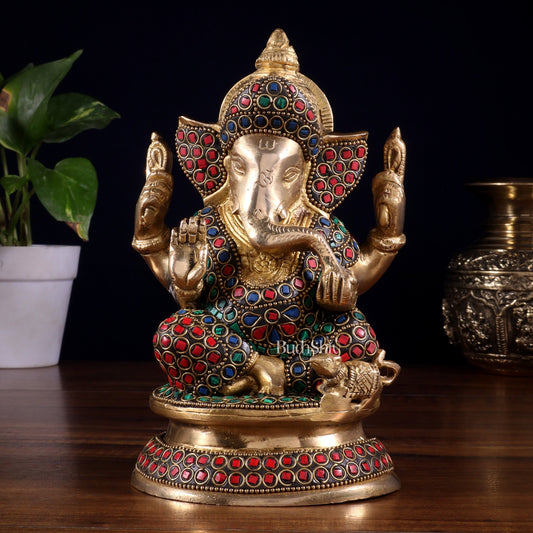 Pure Brass Taj Ganesha Statue with Round Base 7" with stonework - Budhshiv.com