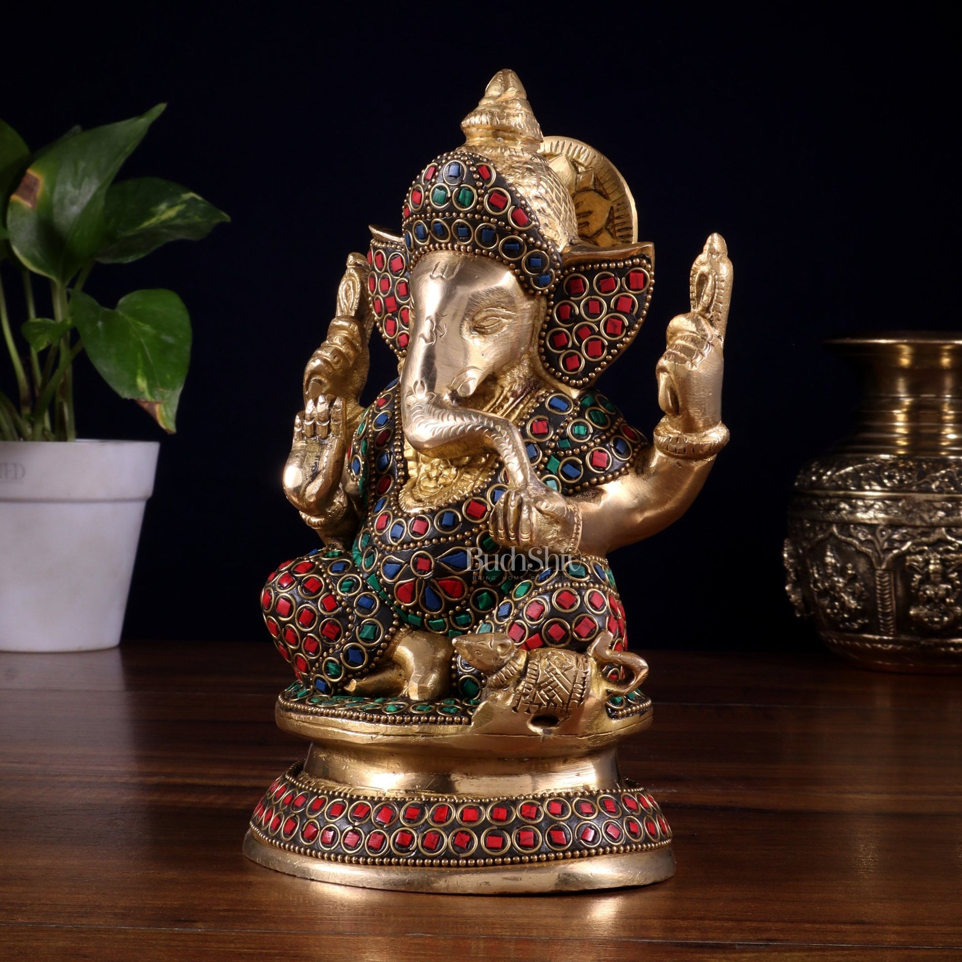 Pure Brass Taj Ganesha Statue with Round Base 7" with stonework - Budhshiv.com