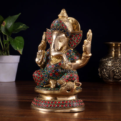 Pure Brass Taj Ganesha Statue with Round Base 7" with stonework - Budhshiv.com