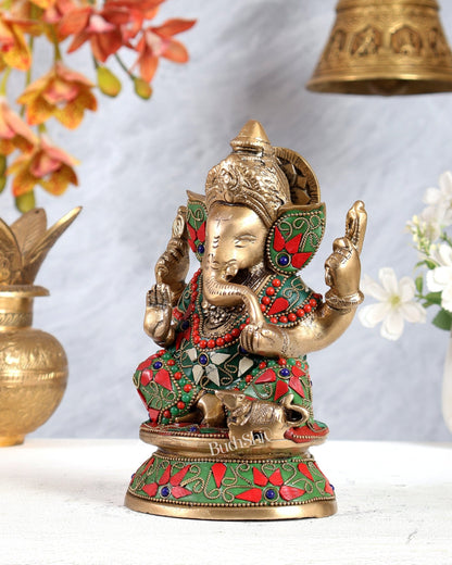 Pure Brass Taj Ganesha Statue with Round Base 7" with stonework - Budhshiv.com