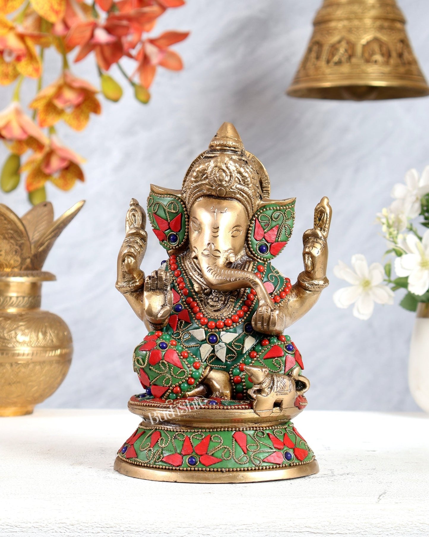 Pure Brass Taj Ganesha Statue with Round Base 7" with stonework - Budhshiv.com