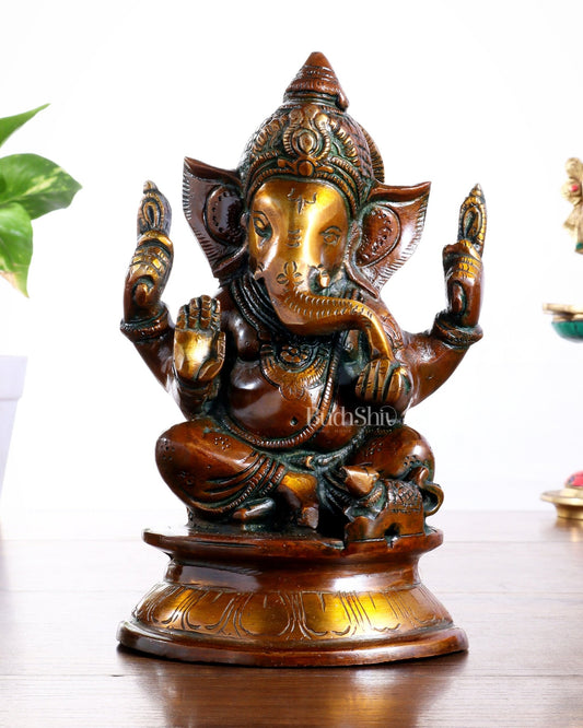 Pure Brass Taj Ganesha Statue with Round Base – Vintage Finish 7" - Budhshiv.com
