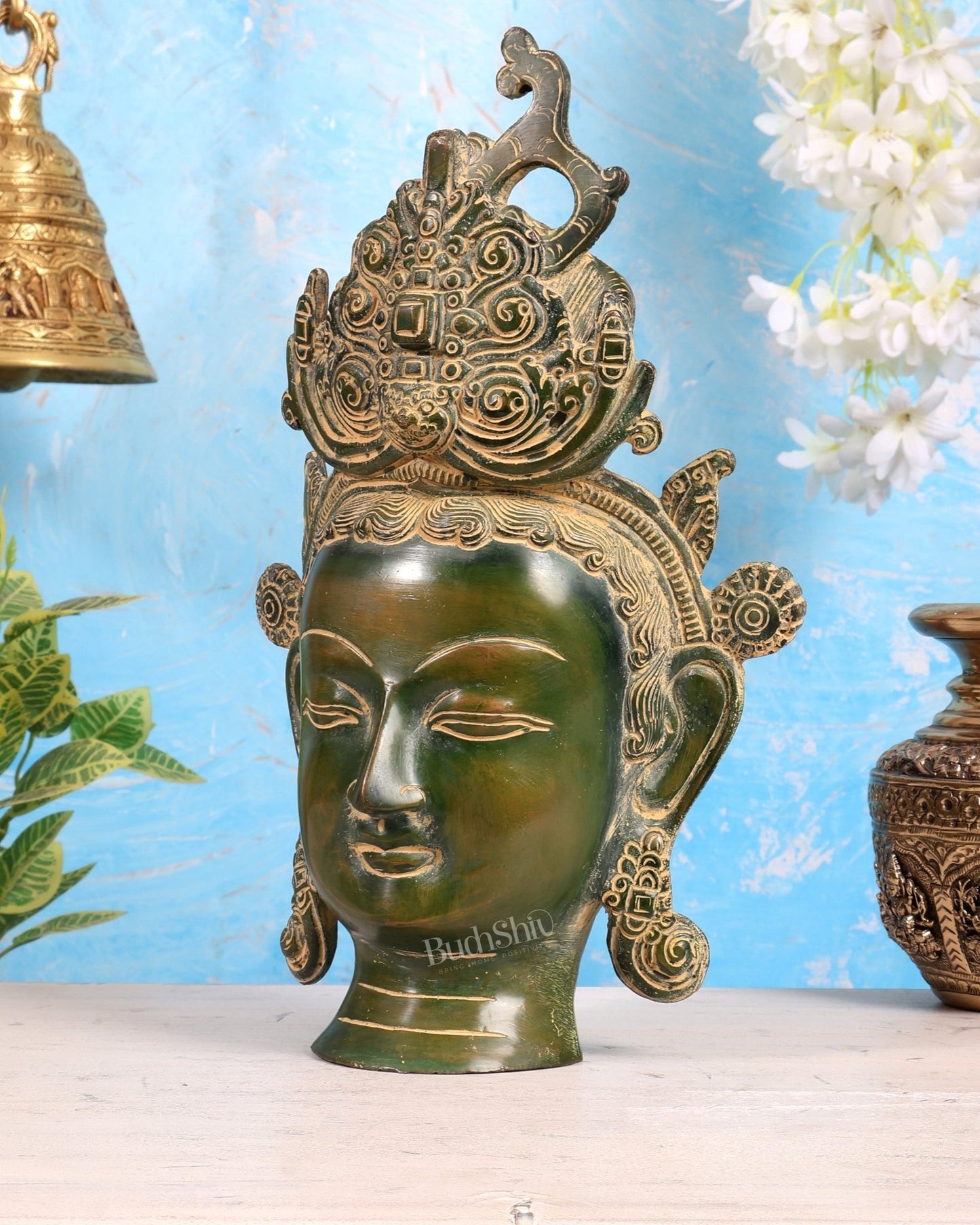 Pure Brass Tara Face Bust Statue – Vintage Green 12" - Budhshiv.com