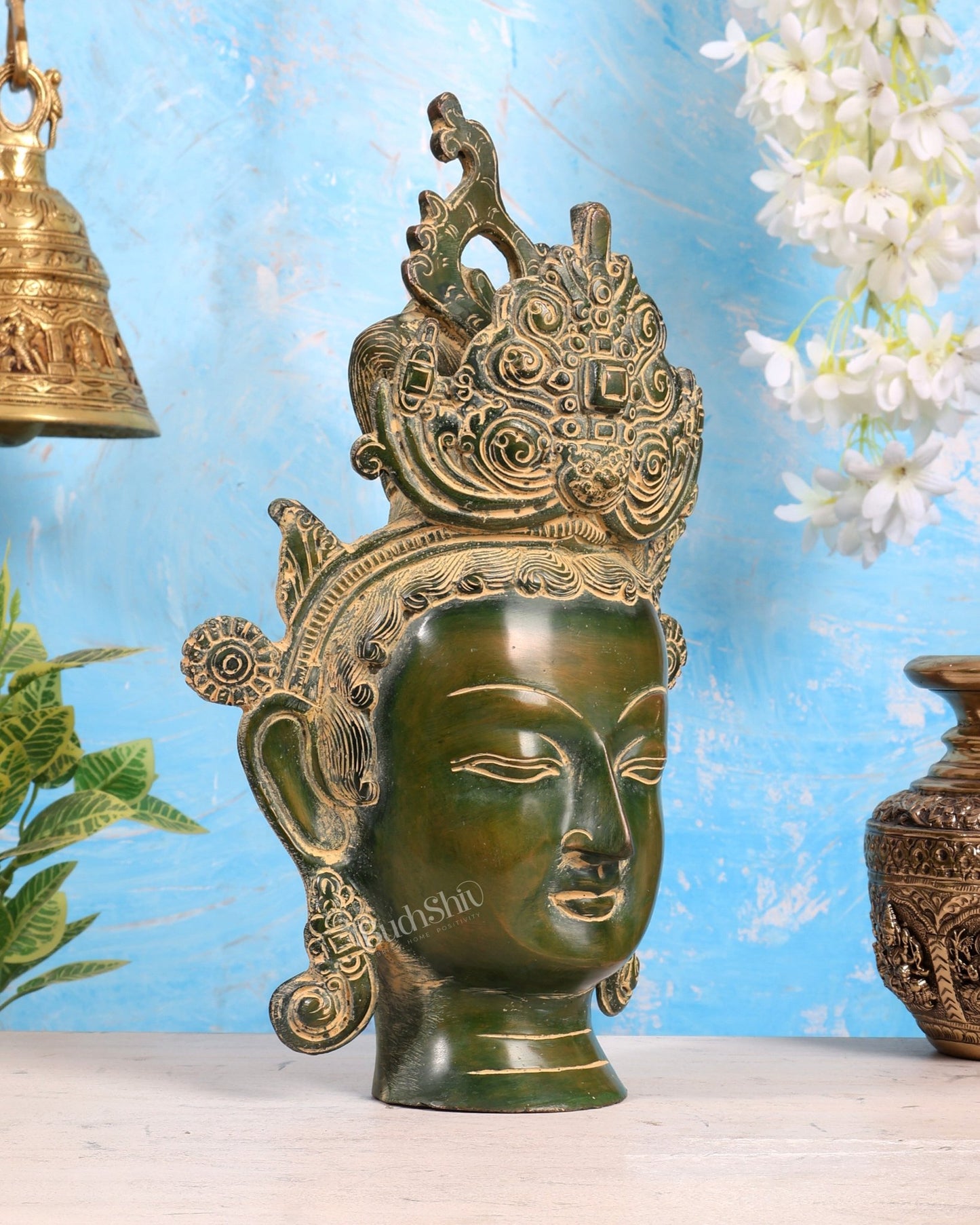 Pure Brass Tara Face Bust Statue – Vintage Green 12" - Budhshiv.com
