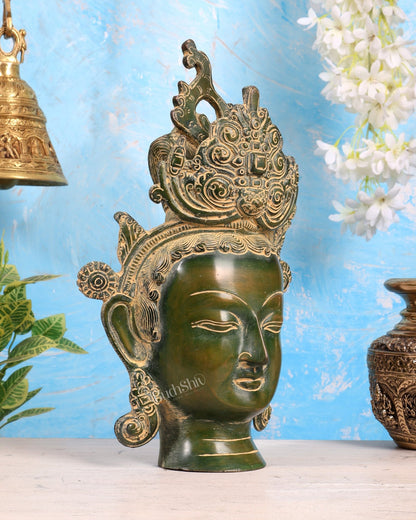 Pure Brass Tara Face Bust Statue – Vintage Green 12" - Budhshiv.com