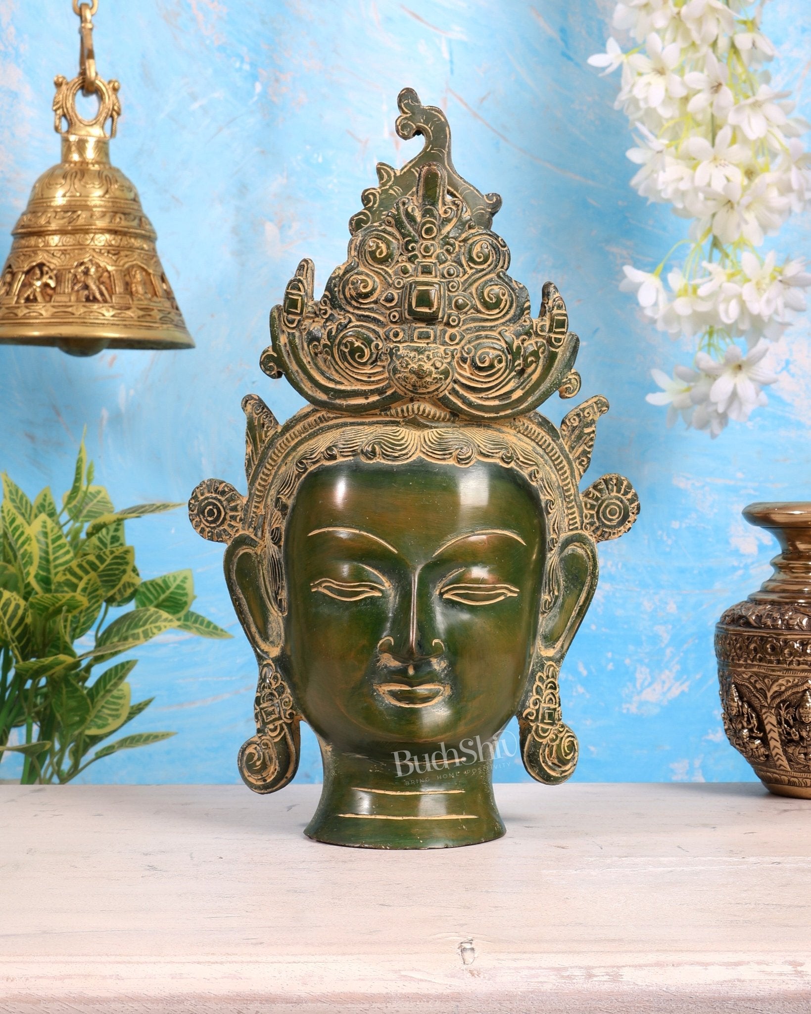 Pure Brass Tara Face Bust Statue – Vintage Green 12" - Budhshiv.com