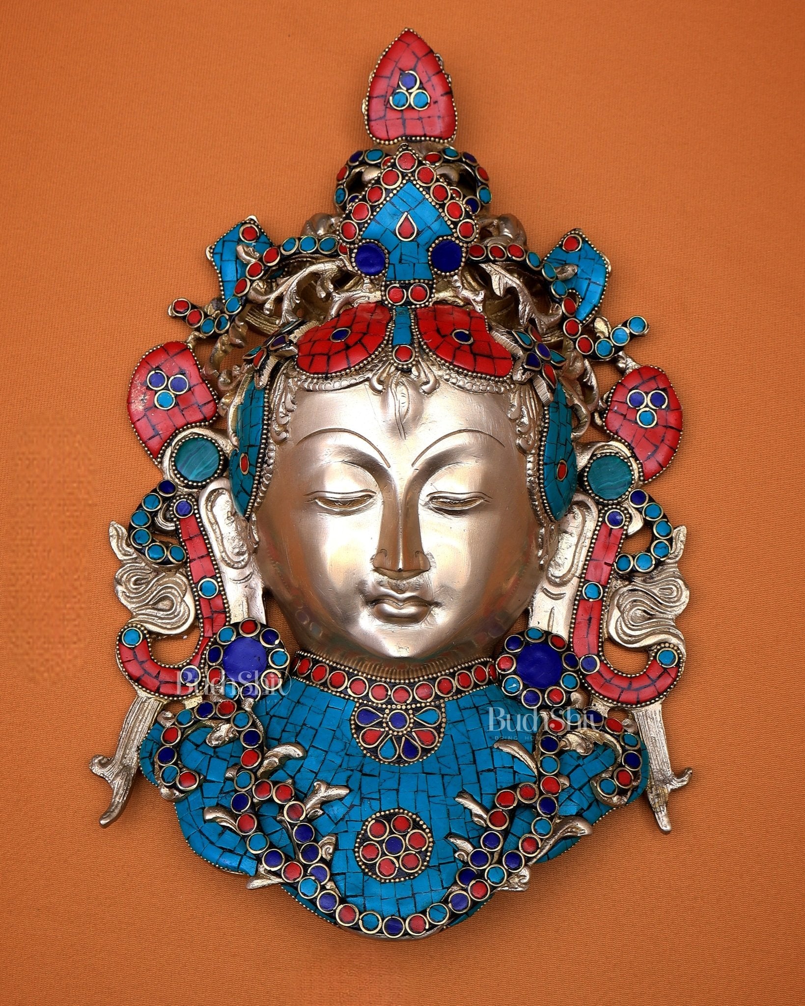 Pure Brass Tara face Wall Hanging with stonework 10.5" - Budhshiv.com