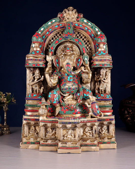 Pure Brass Temple Ganesha Idol with Lakshmi & Saraswati | Floral Stonework 18" - Budhshiv.com