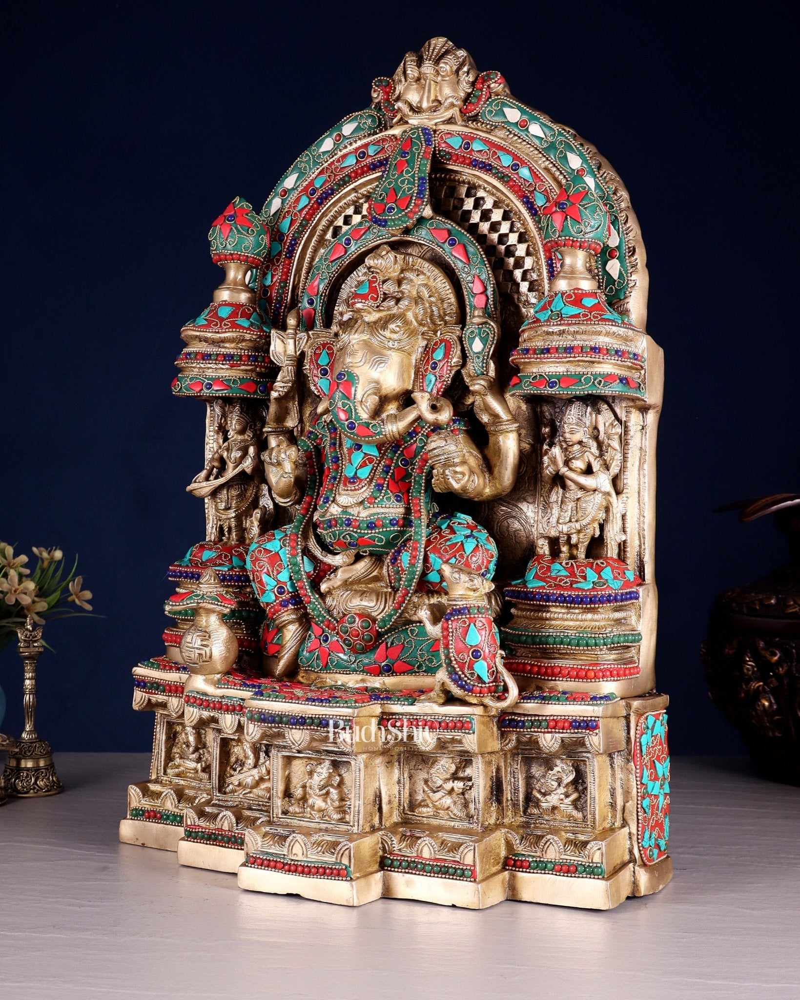 Pure Brass Temple Ganesha Idol with Lakshmi & Saraswati | Floral Stonework 18" - Budhshiv.com
