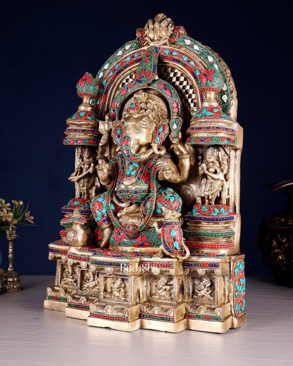 Pure Brass Temple Ganesha Idol with Lakshmi & Saraswati | Floral Stonework 18" - Budhshiv.com