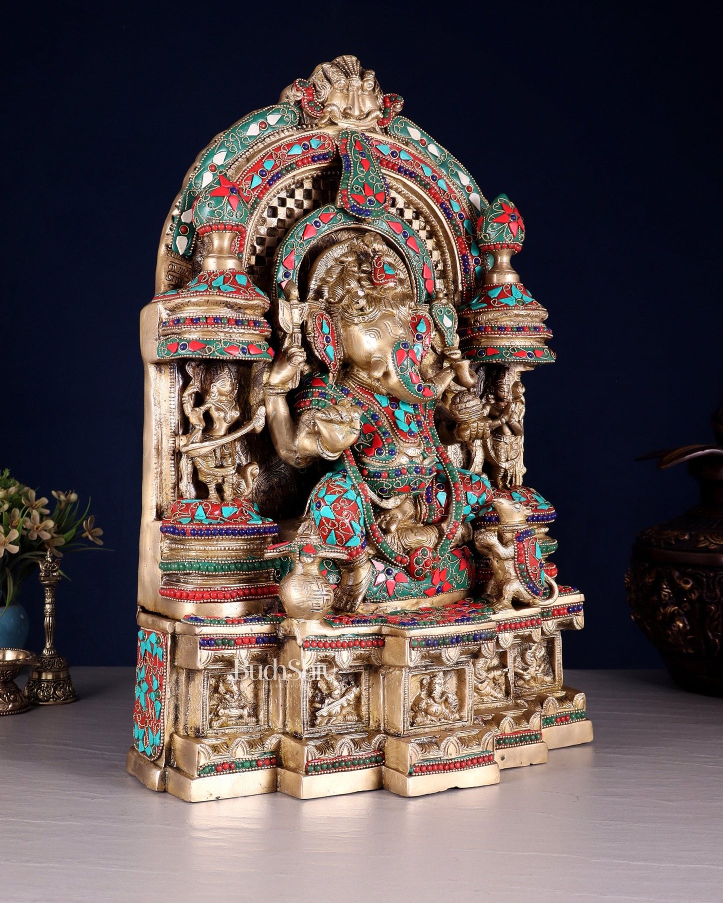 Pure Brass Temple Ganesha Idol with Lakshmi & Saraswati | Floral Stonework 18" - Budhshiv.com