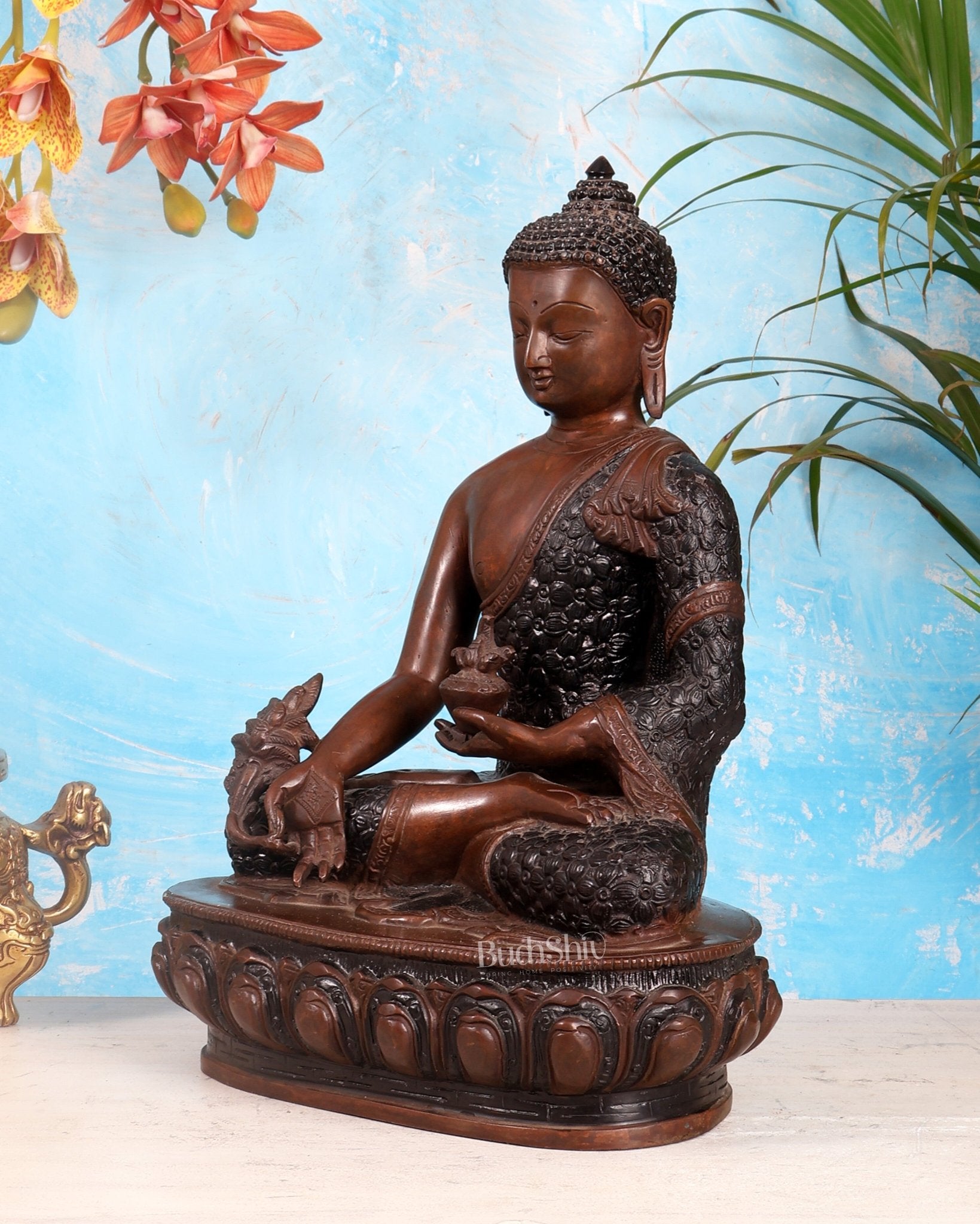 Pure Brass Tibetan Buddha medicine Statue - 13.5" Height - Budhshiv.com