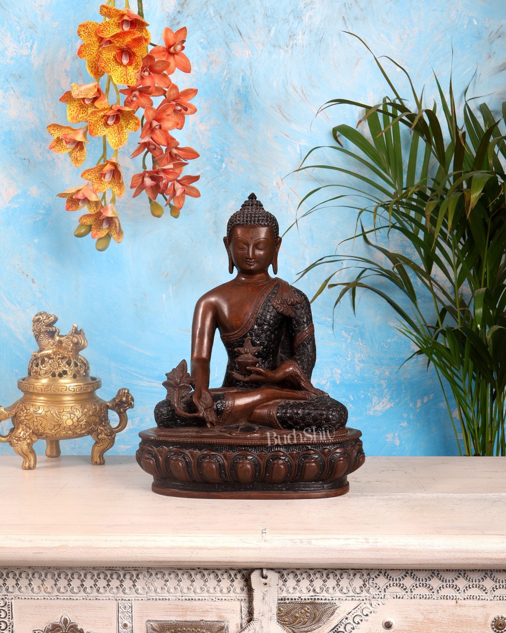 Pure Brass Tibetan Buddha medicine Statue - 13.5" Height - Budhshiv.com