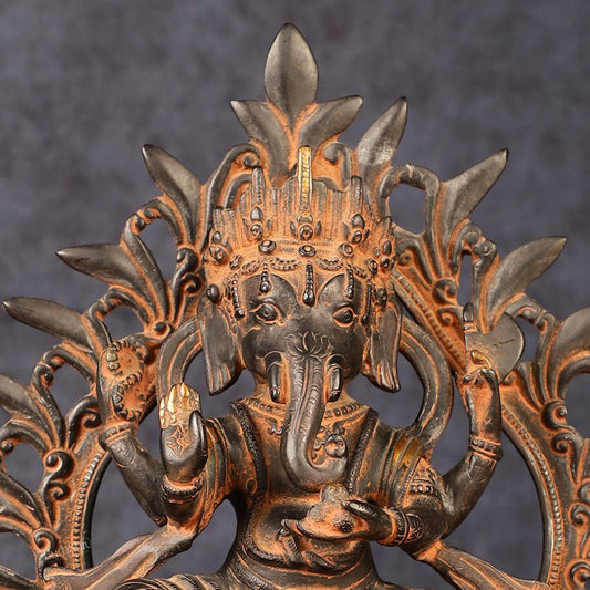 Pure Brass Tibetan Form of Ganapati Seated on Mouse Antique Patina 13" - Budhshiv.com