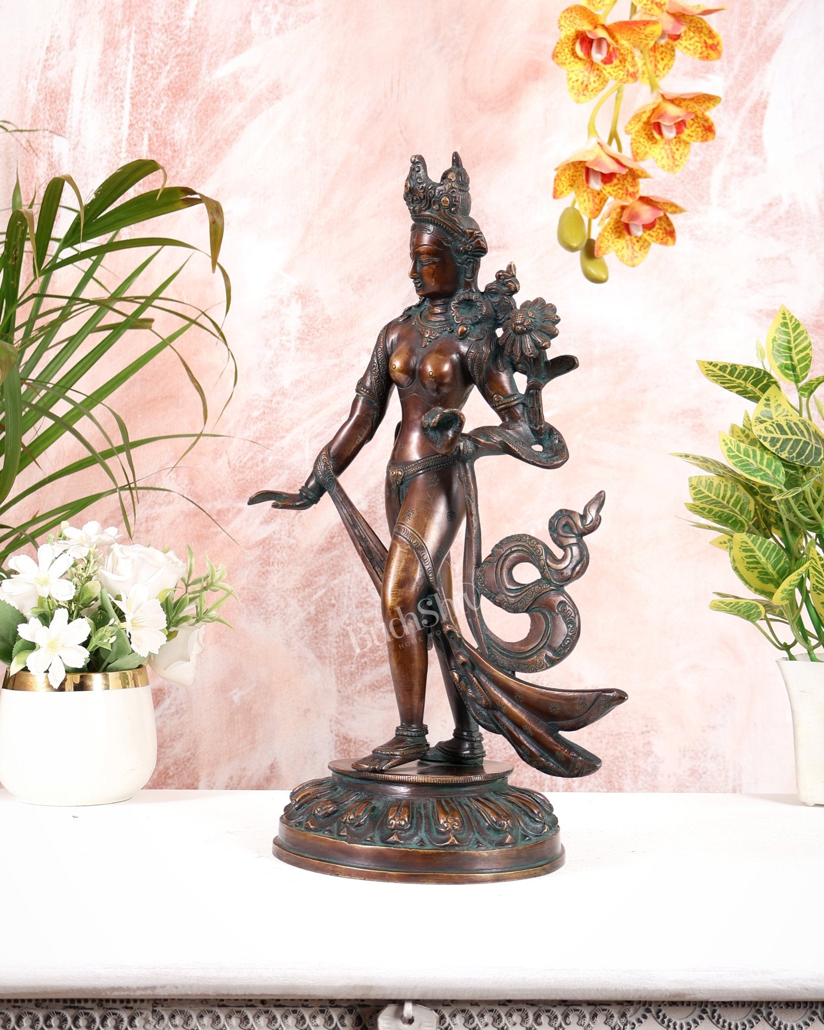 Pure Brass Tibetan Pari Tara Devi Buddhist Goddess Idol - 15" - Budhshiv.com