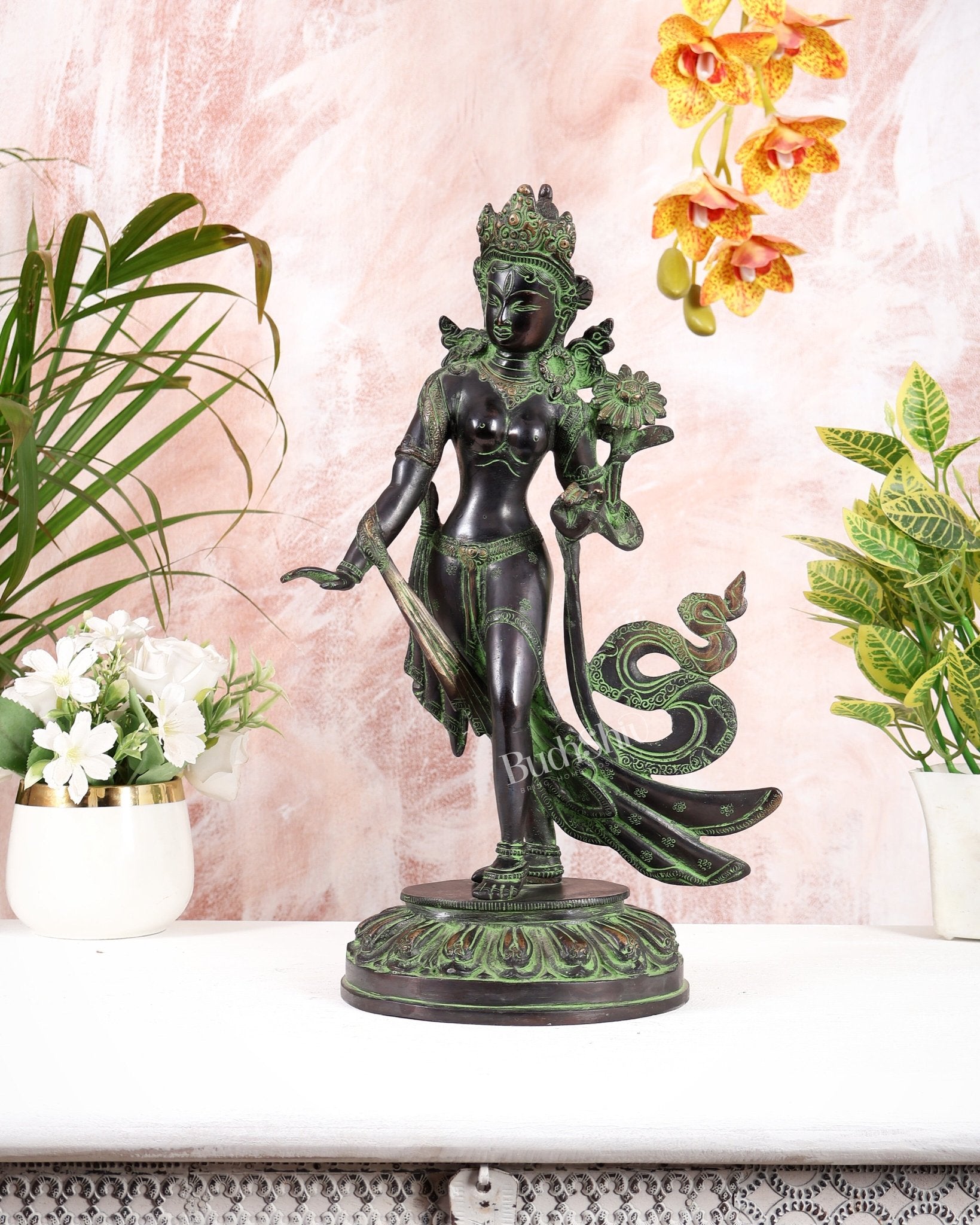 Pure Brass Tibetan Tara Devi Buddhist Goddess Idol - 15" Standing Statue - Budhshiv.com