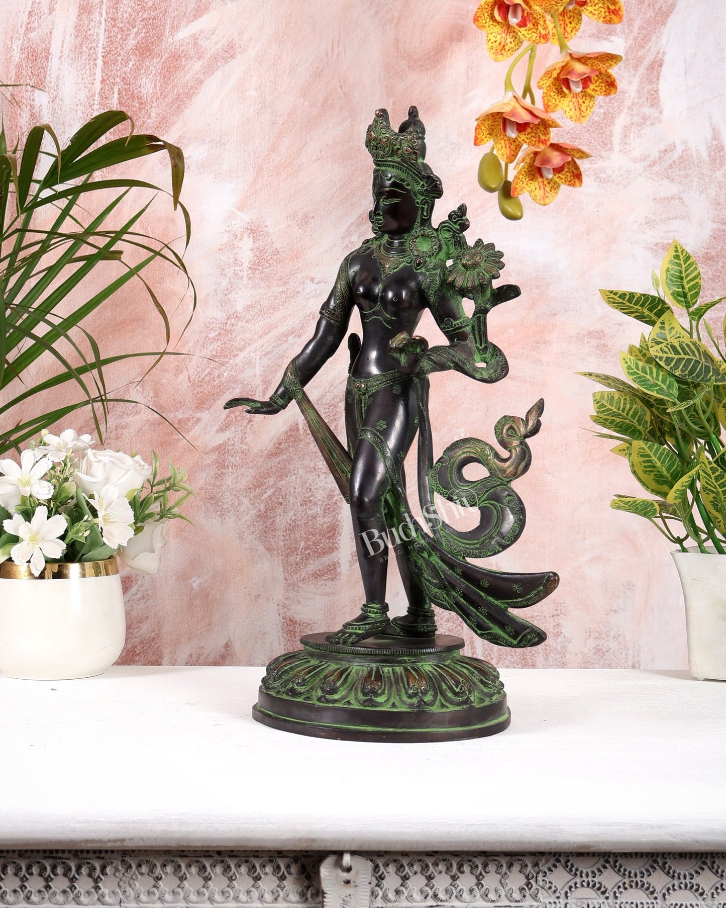 Pure Brass Tibetan Tara Devi Buddhist Goddess Idol - 15" Standing Statue - Budhshiv.com