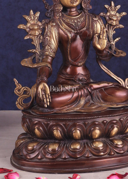 Pure Brass Tibetan White Tara Idol – Copper Gold Finish | 14 Inch - Budhshiv.com