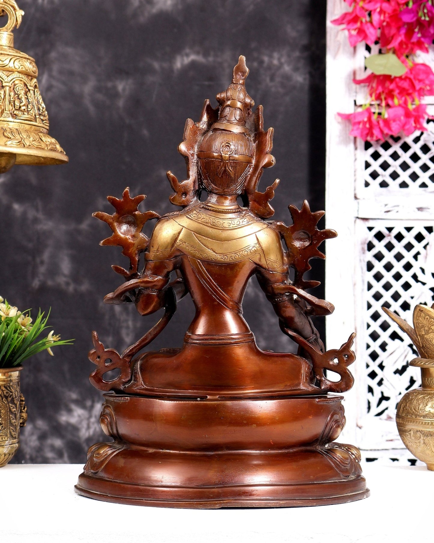 Pure Brass Tibetan White Tara Idol – Copper Gold tone | 14 Inch - Budhshiv.com