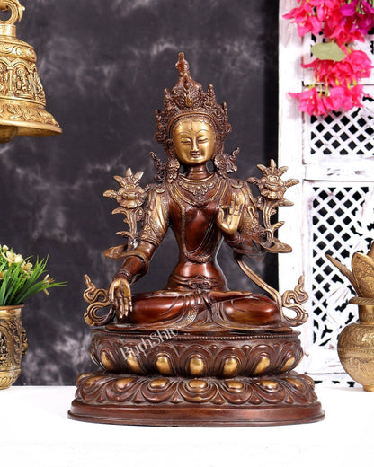 Pure Brass Tibetan White Tara Idol – Copper Gold tone | 14 Inch - Budhshiv.com
