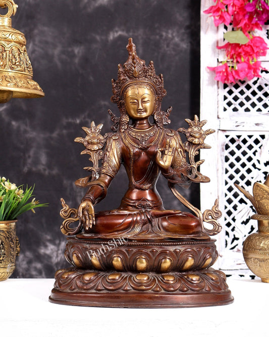 Pure Brass Tibetan White Tara Idol – Copper Gold tone | 14 Inch - Budhshiv.com