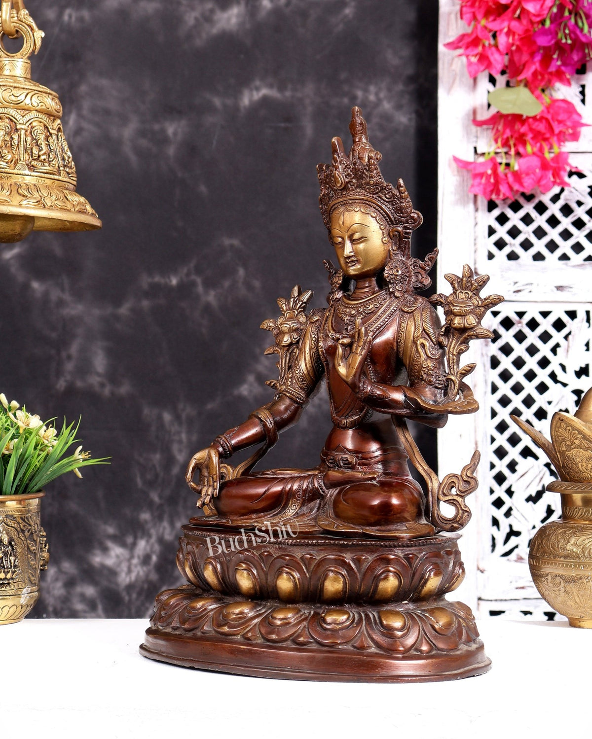 Pure Brass Tibetan White Tara Idol – Copper Gold tone | 14 Inch - Budhshiv.com