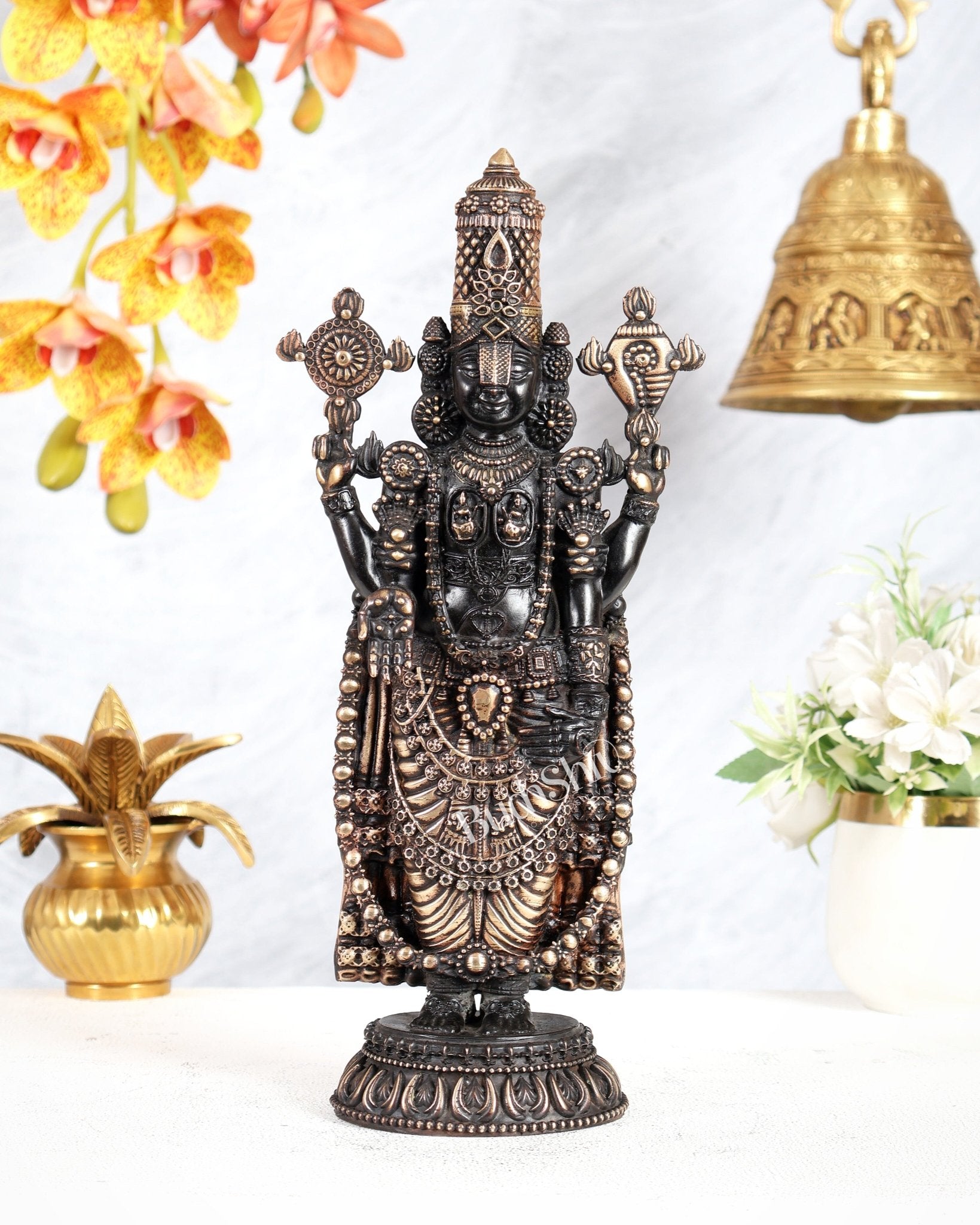 Pure Brass Tirupati Balaji Idol – 12 Inches Tall, Highly Detailed black tone - Budhshiv.com