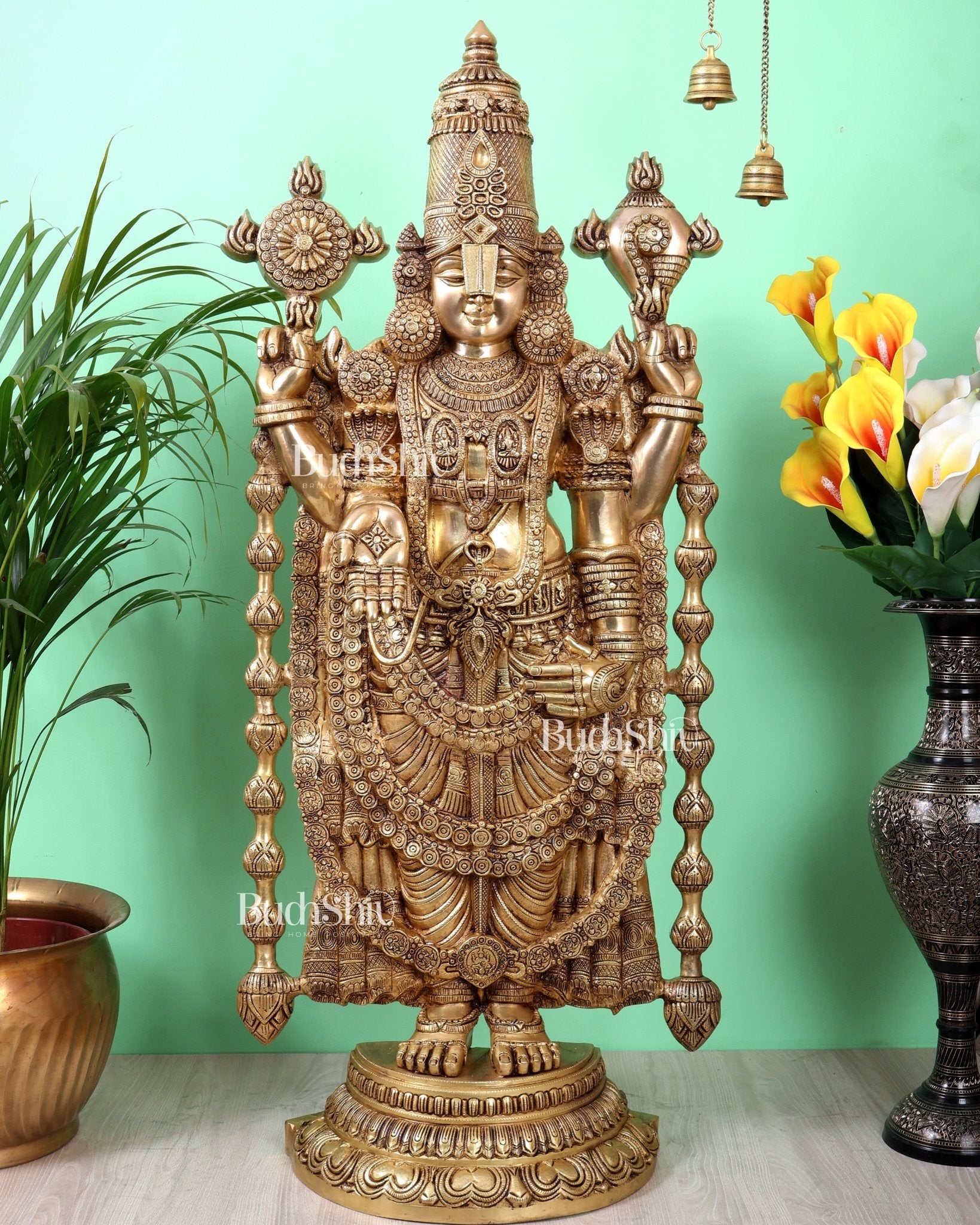 Pure Brass Tirupati Balaji Idol with enhanced carvings - 48" - Budhshiv.com