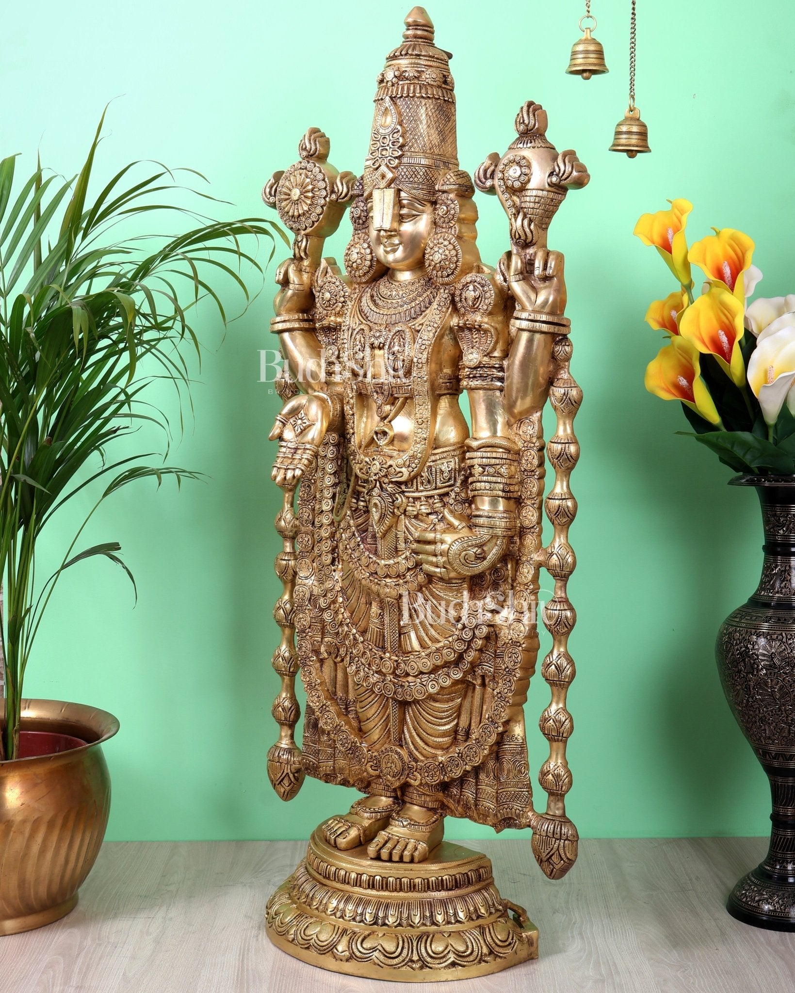 Pure Brass Tirupati Balaji Idol with enhanced carvings - 48" - Budhshiv.com