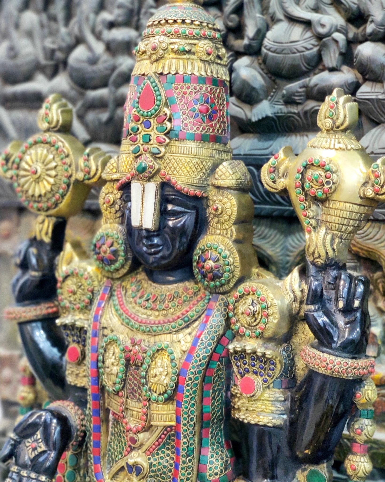 Pure Brass Tirupati Balaji Idol with Full Stonework - Black & Golden Finish, 48" - Budhshiv.com