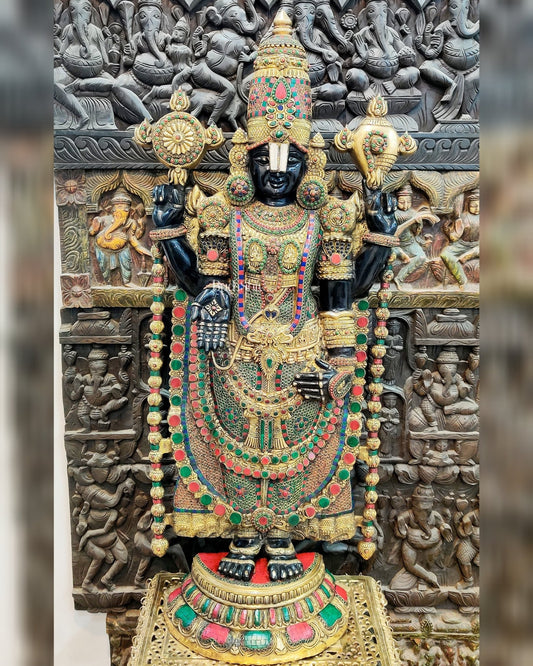 Pure Brass Tirupati Balaji Idol with Full Stonework - Black & Golden Finish, 48" - Budhshiv.com